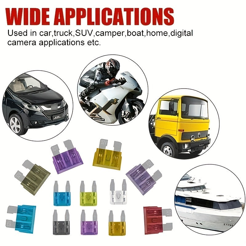 Car blade fuse assortment kit with multiple specifications ranging from 2A to 40A, suitable for various vehicles. Includes a box for storage.