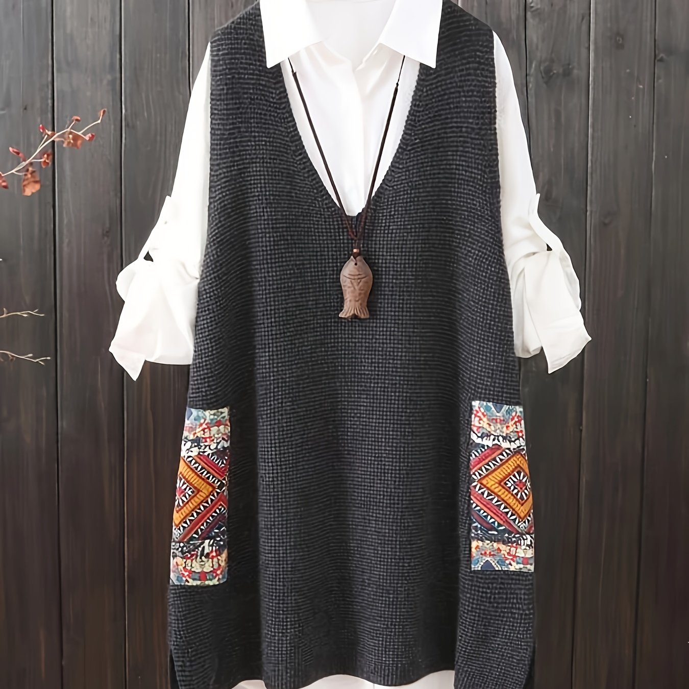 Plus size casual V-neck printed sweater vest dress with pockets.