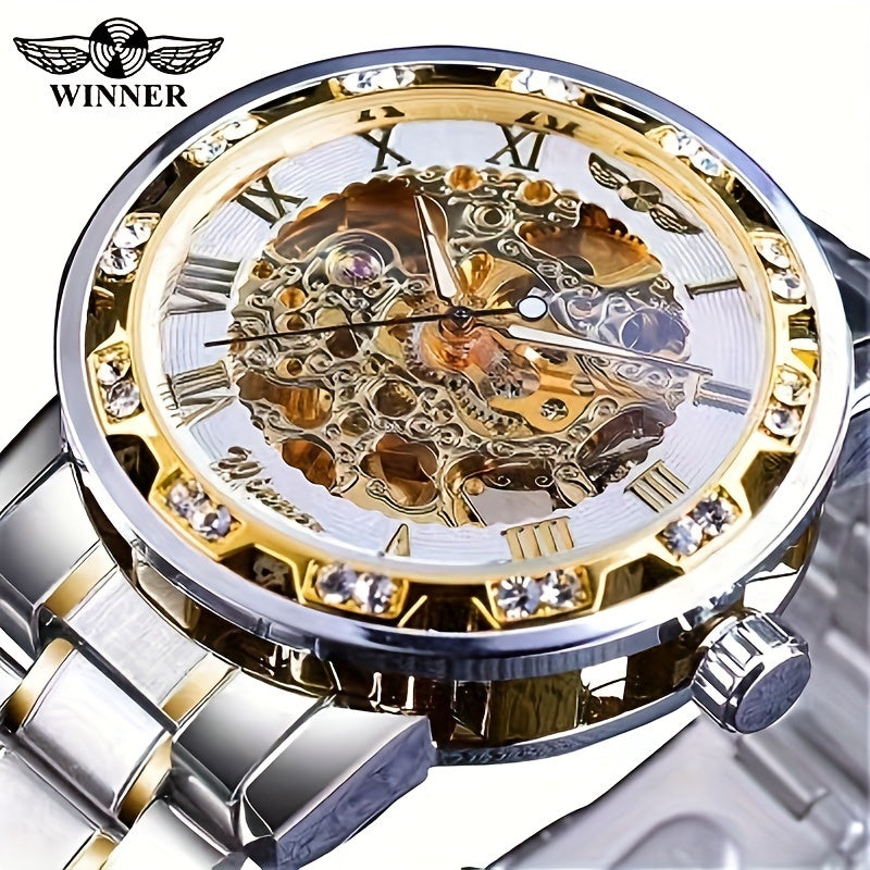 Men's Mechanical Watch with Skeleton Design, Rhinestone Accents & Stainless Steel Band.