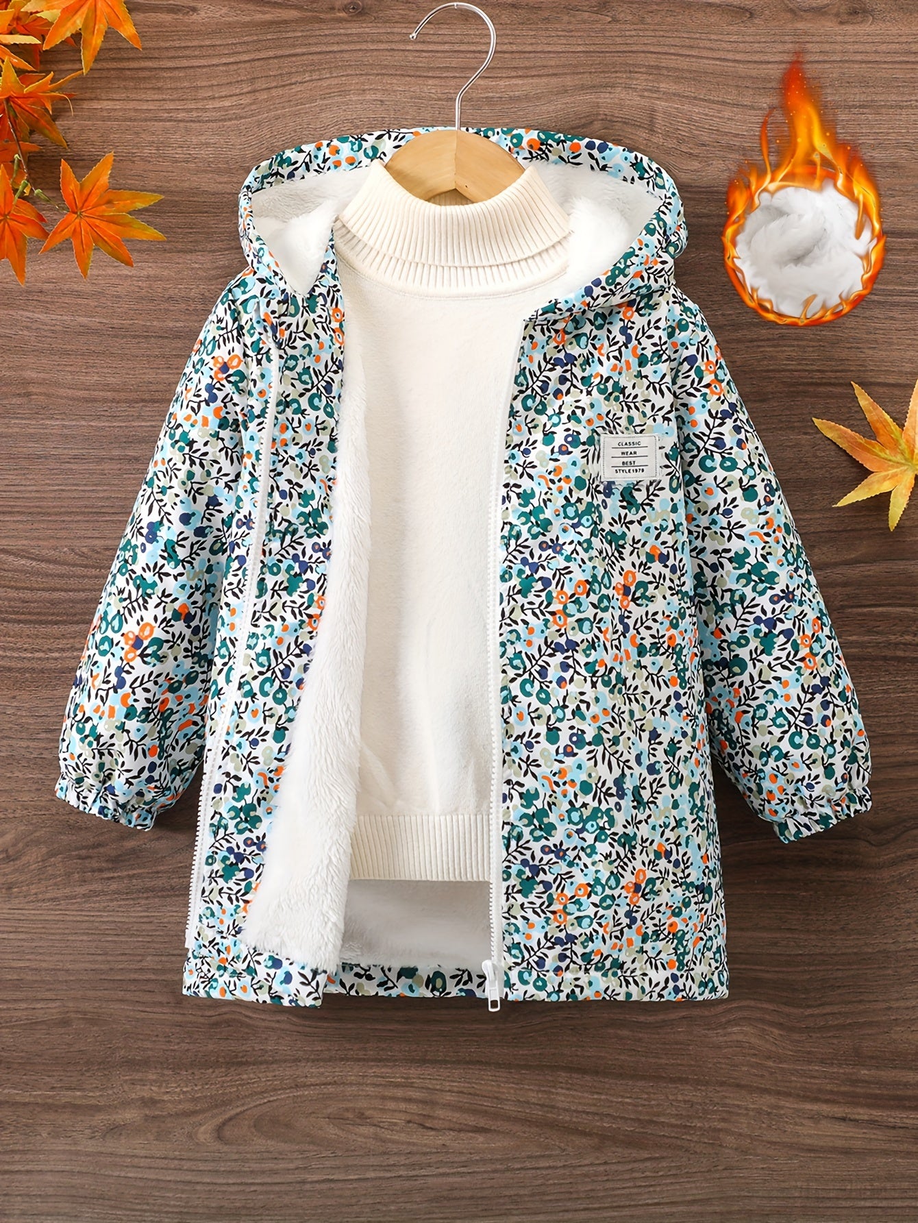 Casual hooded parka with fleece lining and polyester fill, featuring a zip-up long sleeve jacket with a random print for fall/winter fashion.