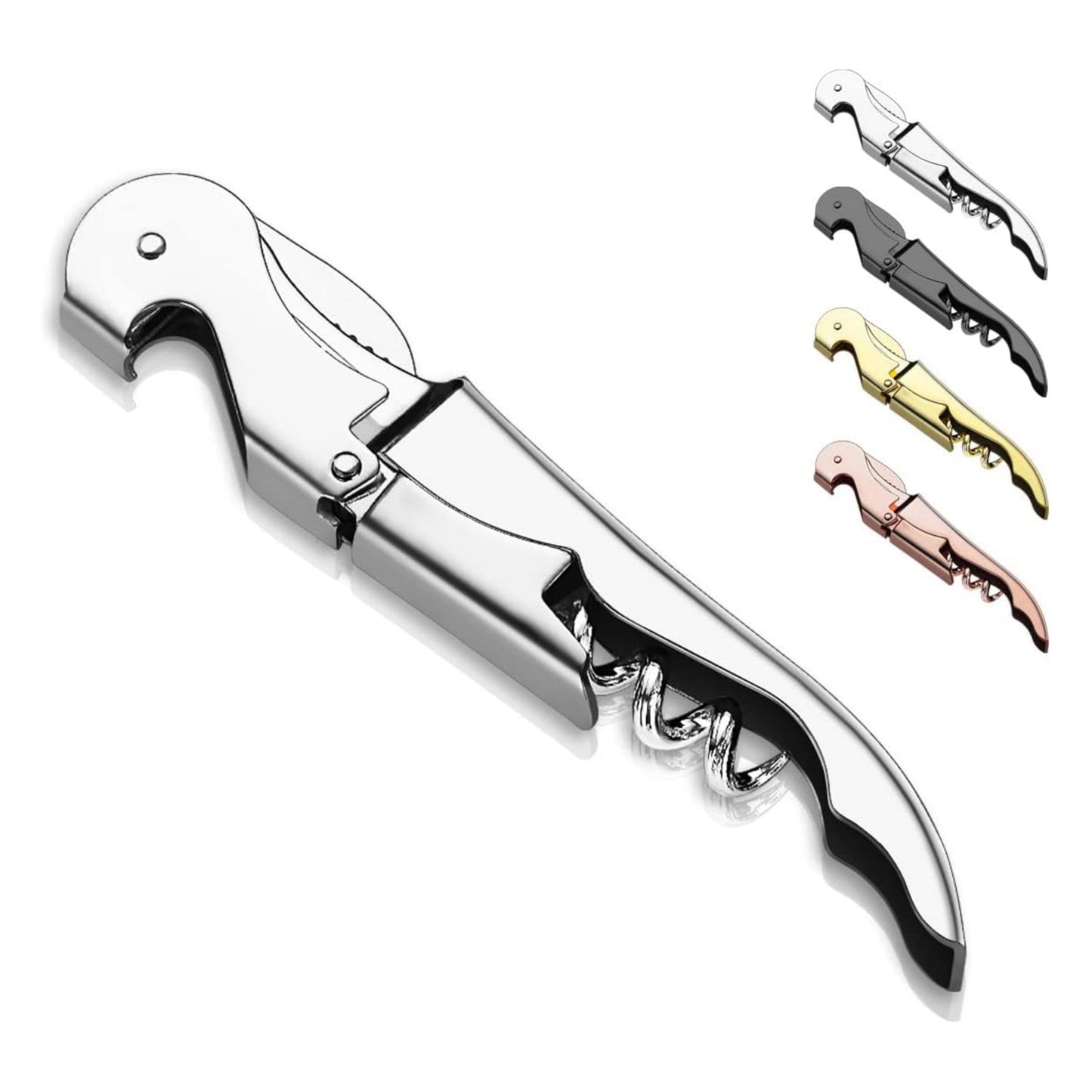 Stainless Steel Corkscrew with Foil Cutter - Classic Wine Opener with Double Hinges for Bars, Restaurants, and Home Use. Available in Silver, Golden, Rose Golden.