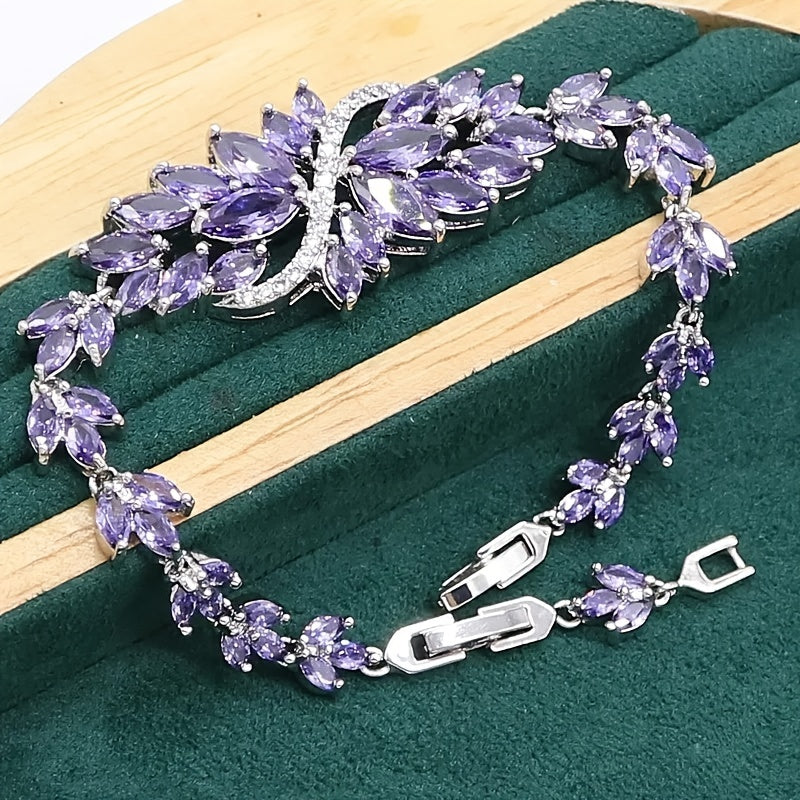 5-piece Jewelry Set for Women - Elegant White Gold Plating adorned with Purple Zirconia, featuring Earrings, Adjustable Ring, Necklace, and Bracelet - Ideal for Weddings and Everyday Chicness, Hypoallergenic