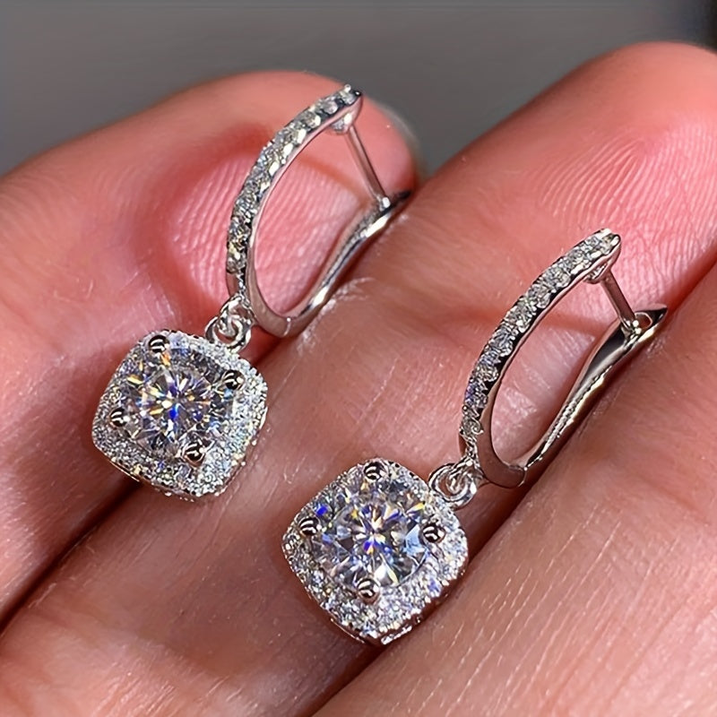 Luxurious Sterling Silver 925 Square Shaped Ear Jewelry with Shiny Zirconia Decoration, Dangle Earrings for a Banquet Party.