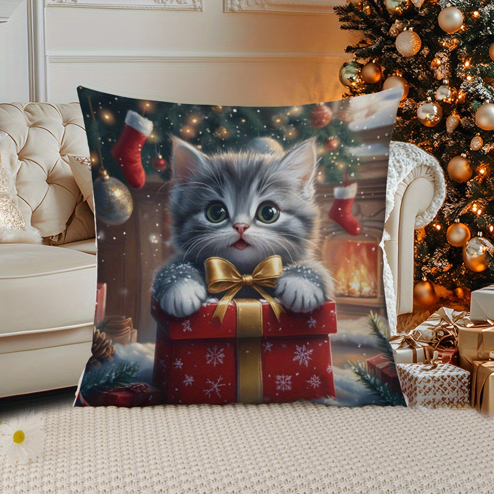 Festive Christmas Kitten Throw Pillow Cover - Short Plush Polyester - Contemporary Style - Machine Washable - Zippered - Soft Decorative Cushion Case for Sofa, Bed, Car, and Living Room - Pillow Insert Sold Separately