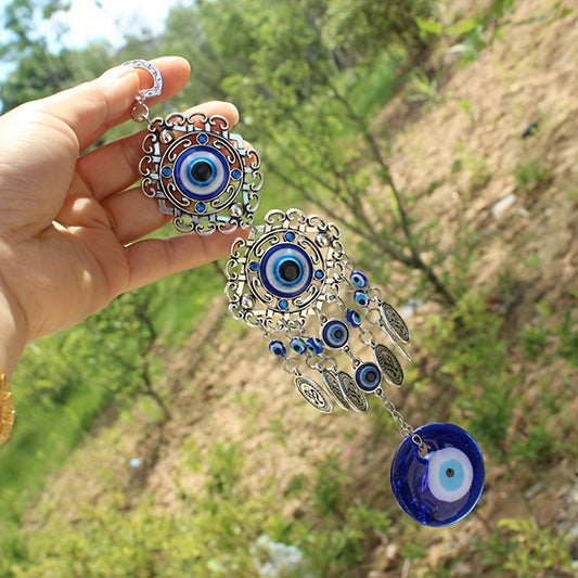 Turkish Blue Evil Eye Wall Hanging - Alloy & Glass with Tassel Accents, Great for Boho Home Decor