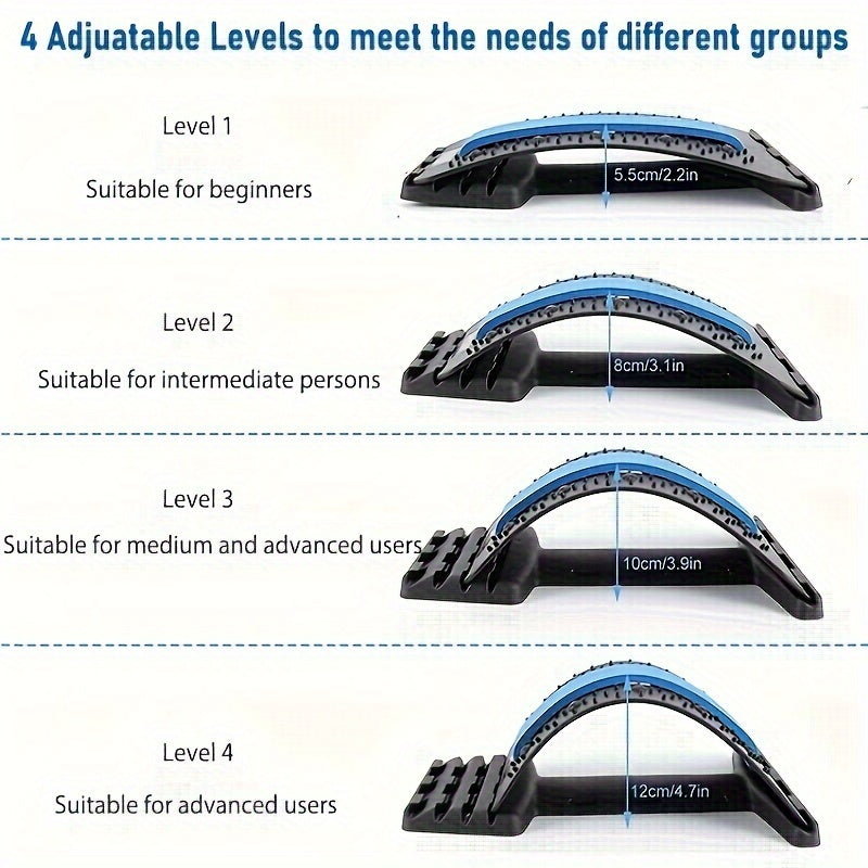 Stretch your back with this versatile device suitable for yoga, Pilates, and exercise. Features 4 adjustable settings, multi-level support, and helps alleviate back fatigue.