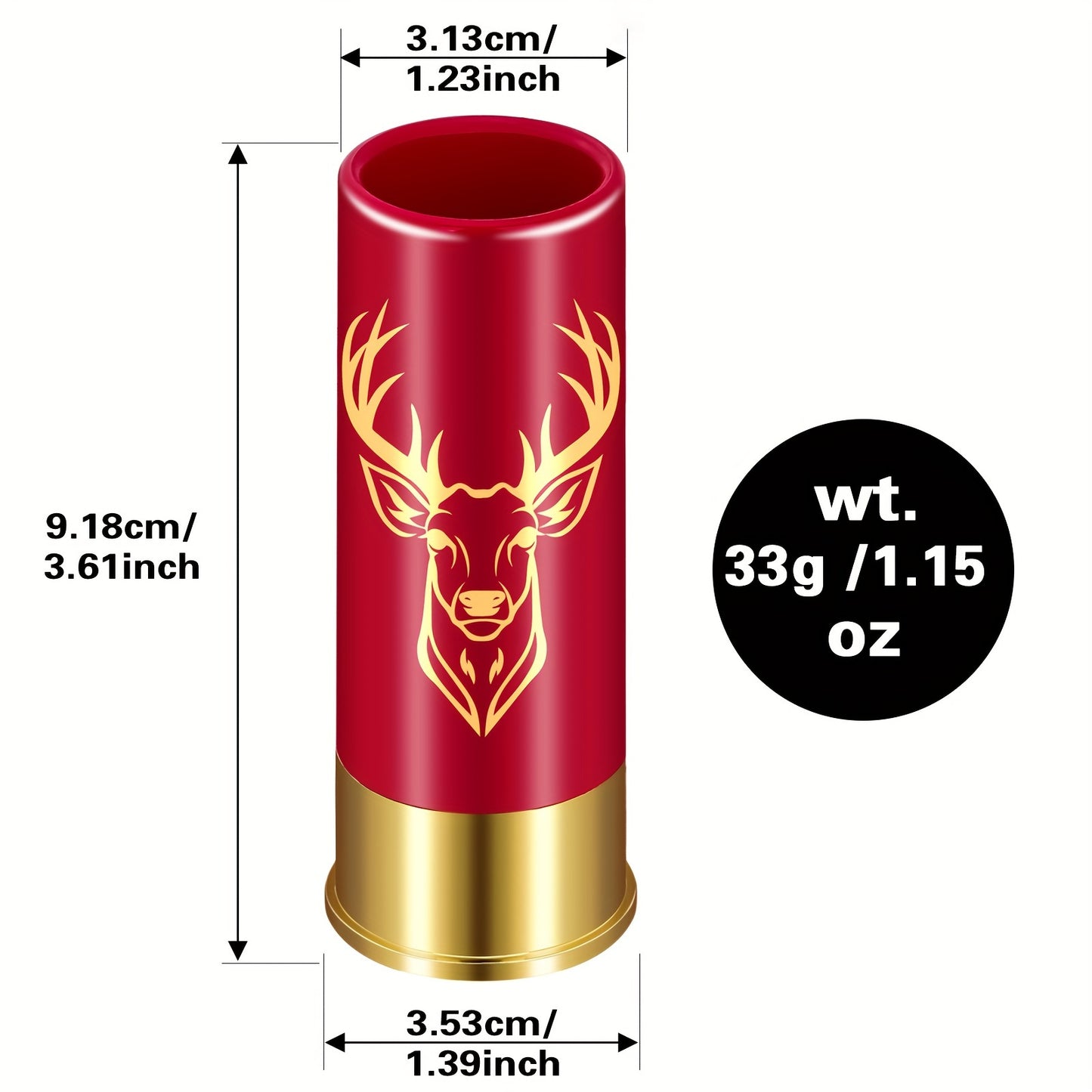 Set of 4 reusable plastic shot glasses with deer and skull designs and 12GA bullet shaped cups. Made of recyclable material, ideal for parties and gifting.