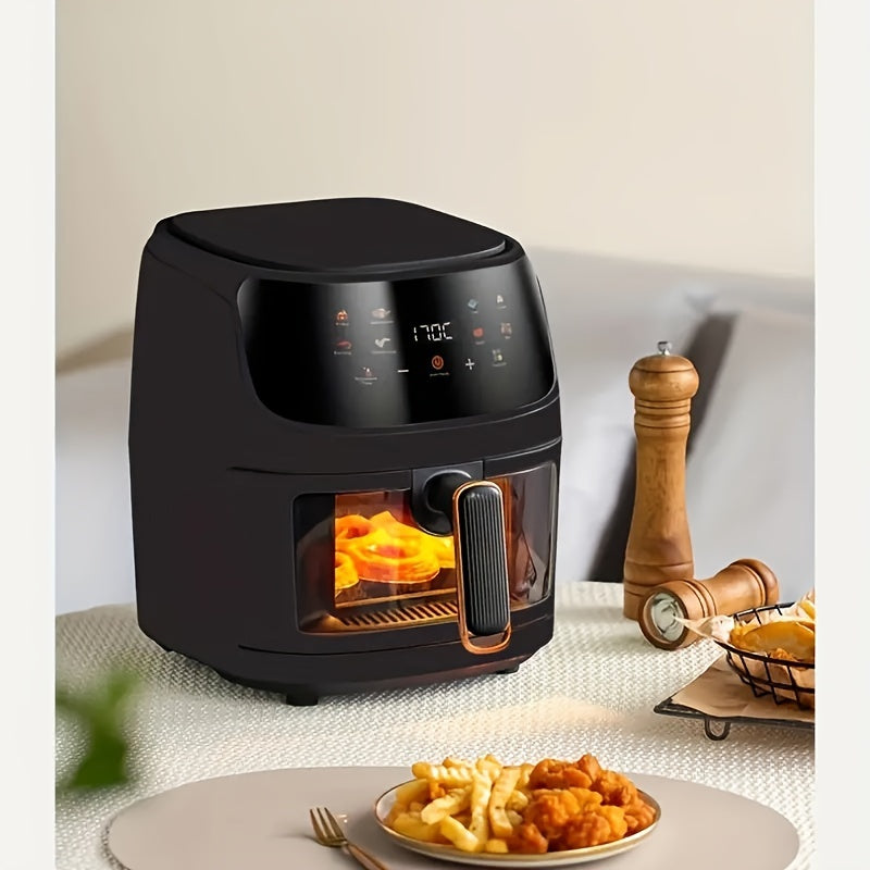 6 Qt Air Fryer Oven with 8 presets, European standard plug, touchscreen display, stainless steel basket, grill, broil, dishwasher safe parts, 1350W electric 220-240V.