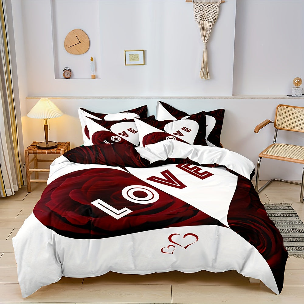 Soft & Cozy Love Heart Duvet Cover Set - Includes 1 Duvet Cover and 2 Pillowcases made of breathable polyester with zip closure, machine washable, ideal for all seasons.