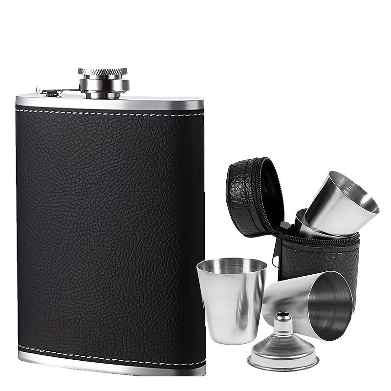 8oz stainless steel flask set with leather wrap, 4 cups, and funnel. Leak-proof for whiskey, rum, and vodka. Perfect gift for men and women.