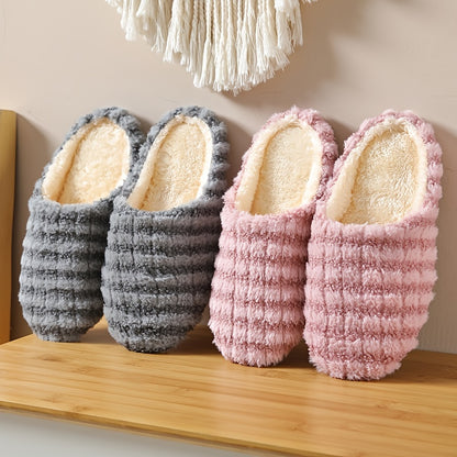 Women's striped print plush house slippers with anti-slip sole for indoor use.