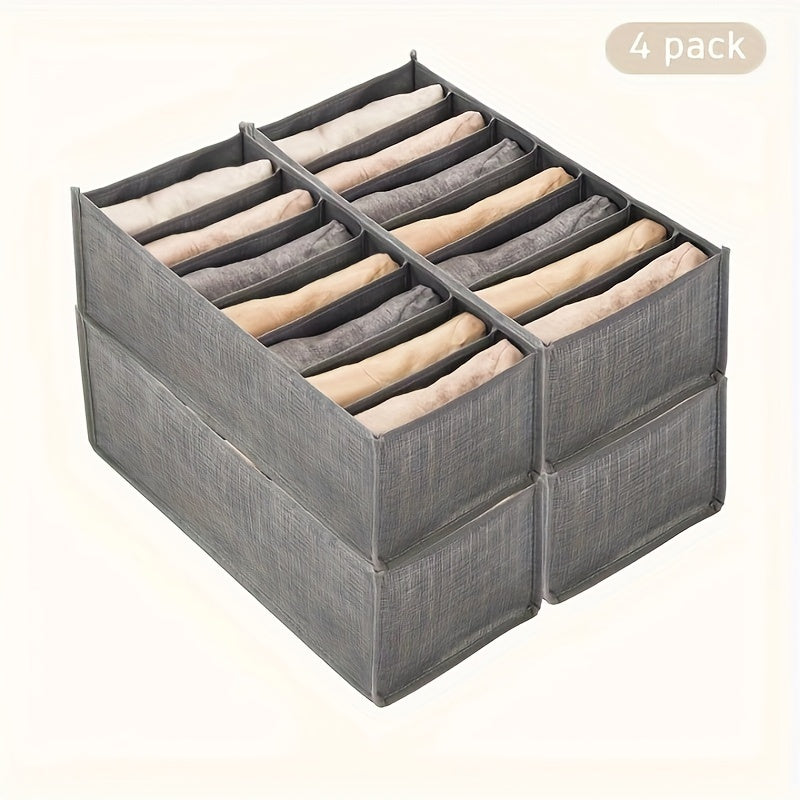 Set of 4 Gray Brushed Non-Woven Fabric Storage Bins with 7 Compartments - Multi-functional Storage Solution for Clothing, Undergarments & Socks, Perfect for Under-Bed Organization