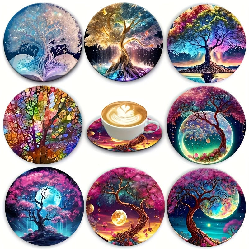 Set of 8 Charming Life Tree Coasters: Heat resistant, non-slip pads for home and office decor, great for parties and Christmas.