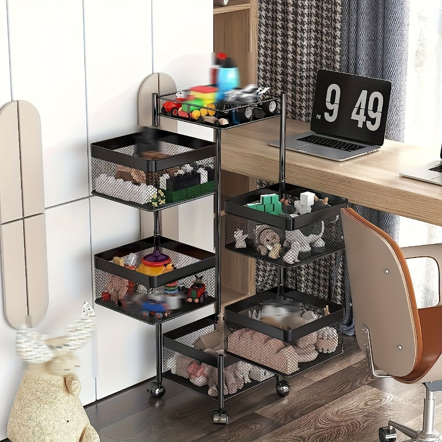 Square 4-tier metal rotating storage rack on wheels for kitchen and bathroom. Golden tube frame, pre-assembled for convenience.