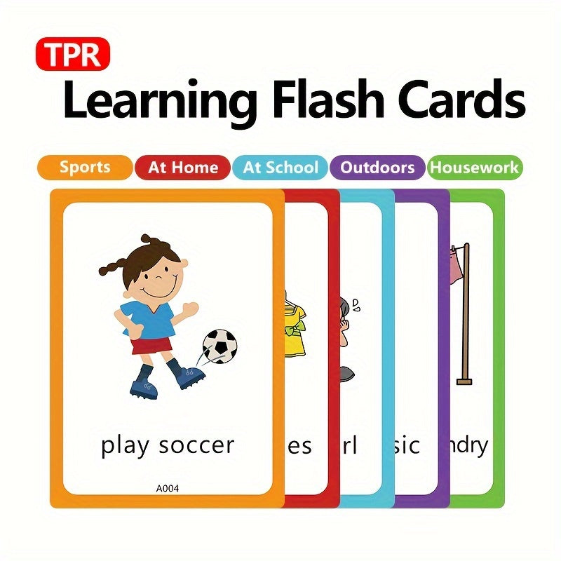 Total Physical Response flash cards for English language learning, includes 50 cards for ages 4-12.