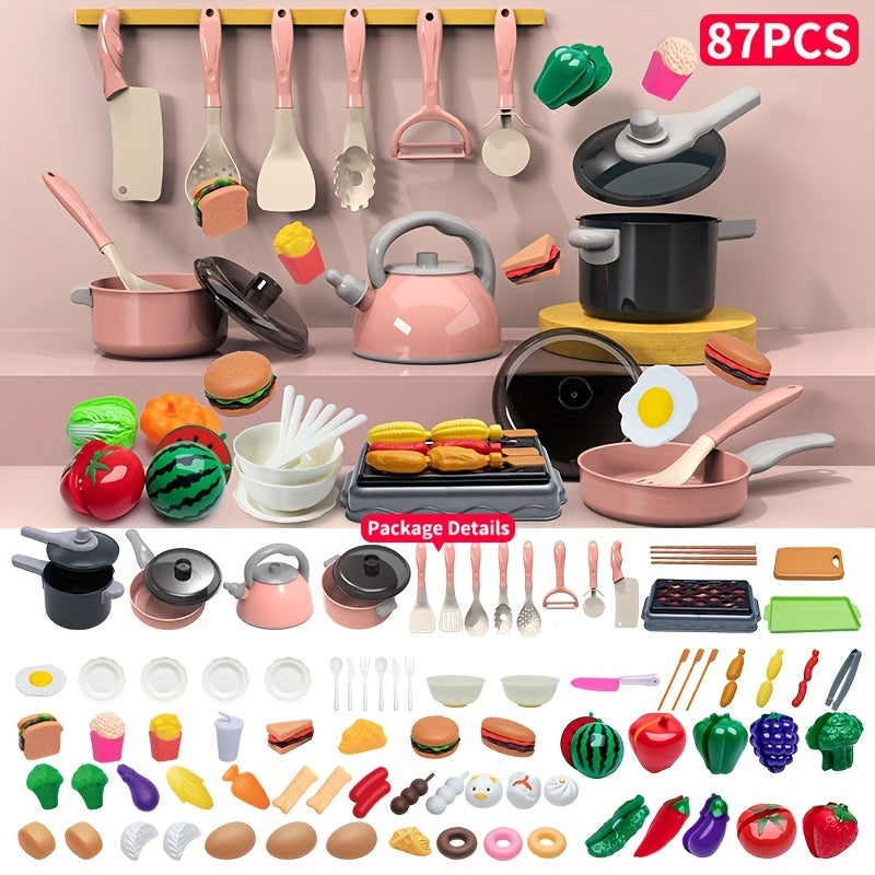 32/65/87/95pcs Kids Kitchen Play Set - Pretend Play Cooking and Serving Toy with Fruits, Vegetables, Utensils - Colorful Role-Play Gift for Boys and Girls