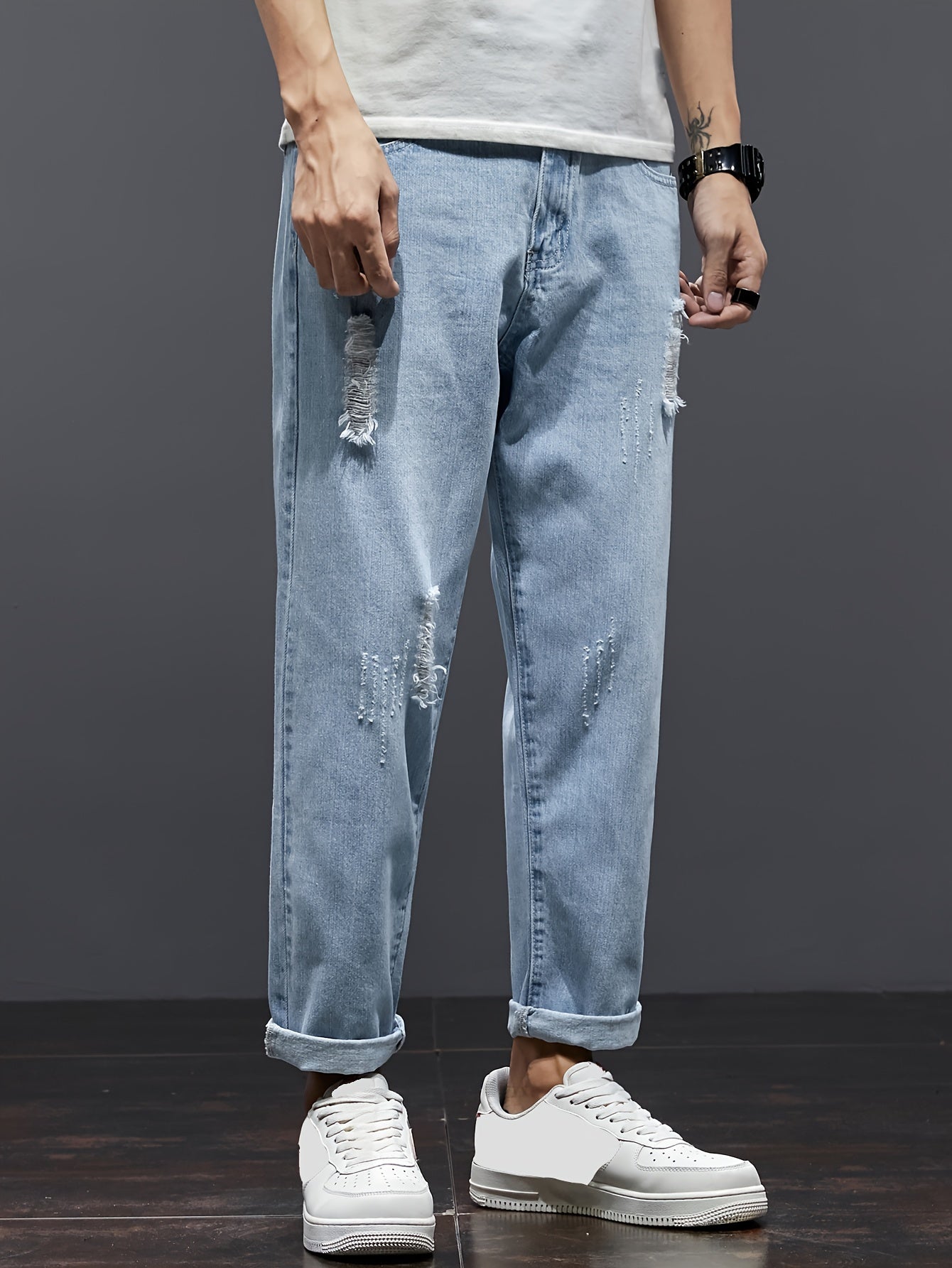 Summer 2024 Men's Distressed Denim Jeans: Straight leg, loose fit, stretch waist, trendy cropped casual pants with ripped detailing, machine washable.