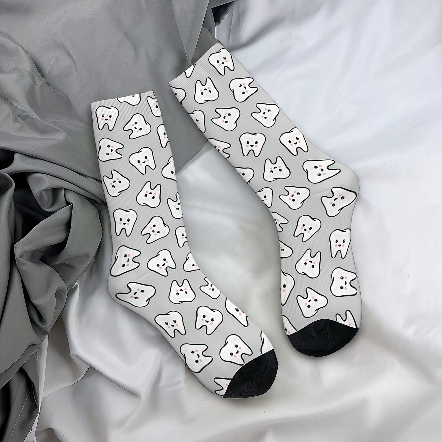 Novelty crew socks with 3D teeth print for all seasons- breathable and comfortable fit.