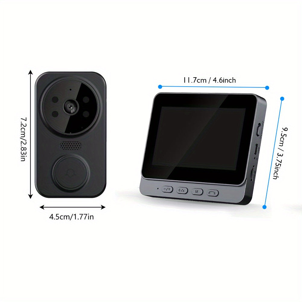 WiFi video doorbell with HD display, two-way audio, touch control, rechargeable battery, wall-mountable camera, night vision, no app needed.