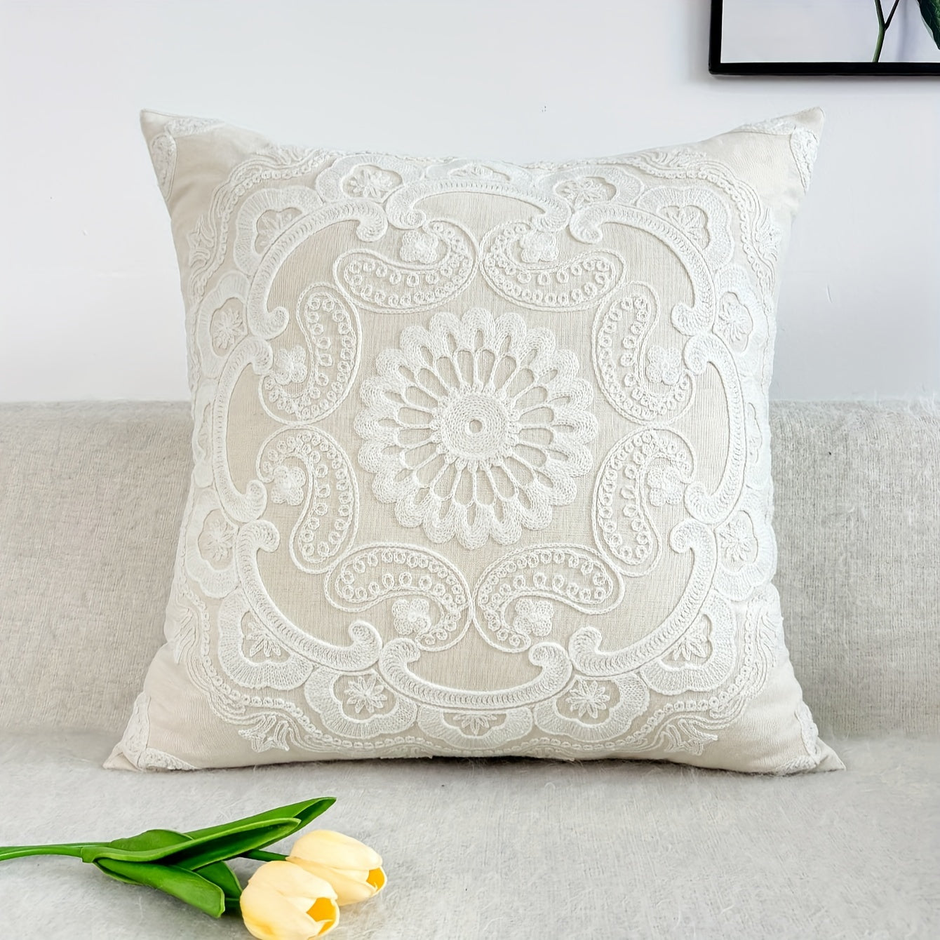 Elegant floral embroidered round throw pillow cover in traditional style. Machine washable with zip closure. Perfect for room decor. Pillow insert not included.