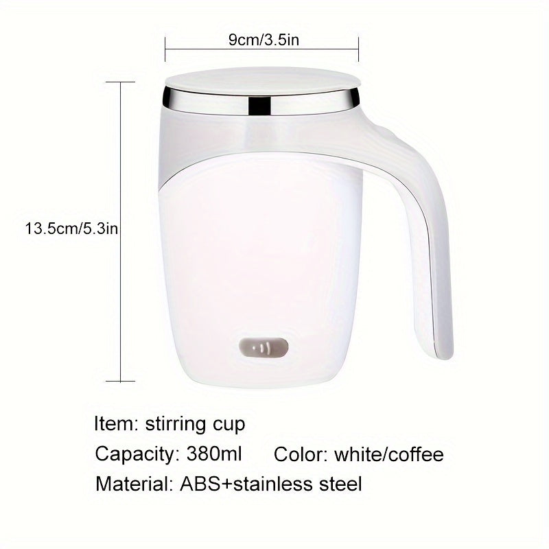 The self-stirring coffee mug with a lid features a 380ml reusable round cup made of ABS and stainless steel. It is USB charging with a magnetic rotating feature and built-in lithium battery. Additionally, it is machine washable.