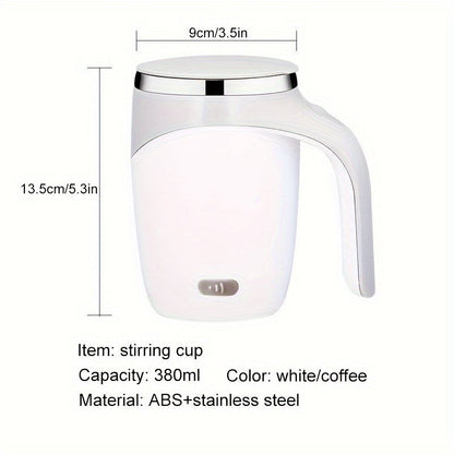 The self-stirring coffee mug with a lid features a 380ml reusable round cup made of ABS and stainless steel. It is USB charging with a magnetic rotating feature and built-in lithium battery. Additionally, it is machine washable.