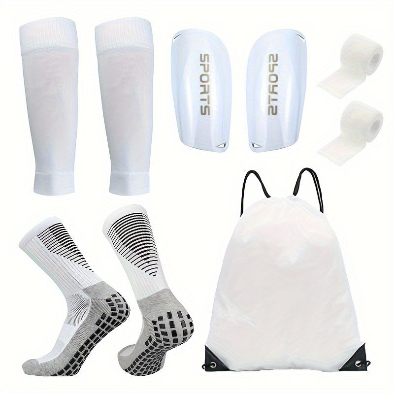 5-piece soccer gear set including slip-on socks, knee pads, and leg sleeves. Suitable for outdoor sports such as soccer, basketball, and yoga.