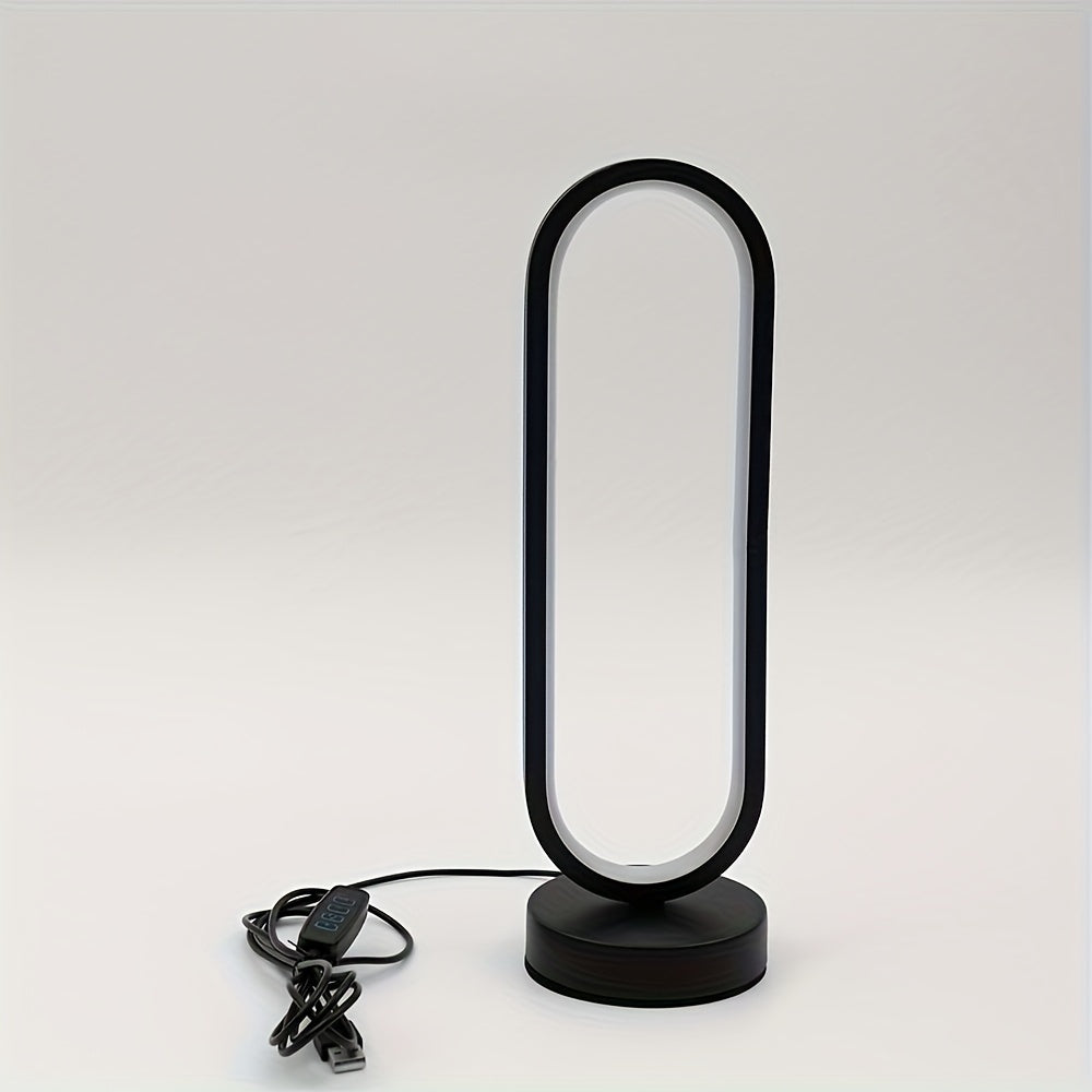 Sleek LED desk lamp with USB port, dimmable black and white lighting, metal base for bedroom and living room.