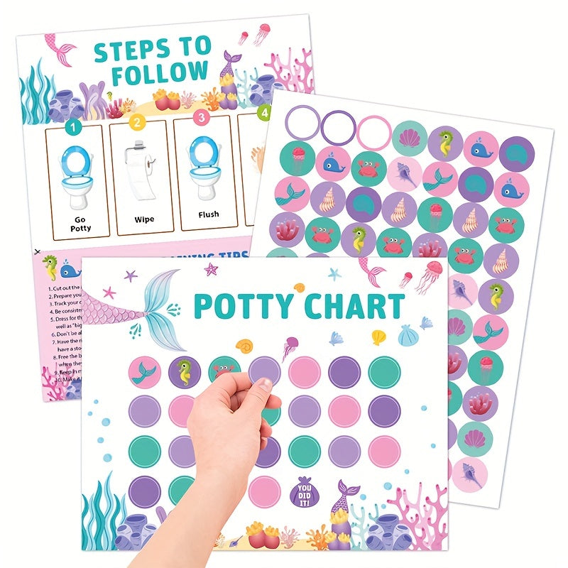 Sticker charts for children's toilet training featuring mermaid, car, and farm designs. Includes stickers for Christmas, Halloween, and Thanksgiving gift rewards.