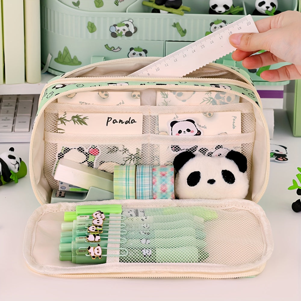 Panda cartoon pencil case with multi-layer organizer for pens, pencils and accessories. Stylish storage for boys and girls.