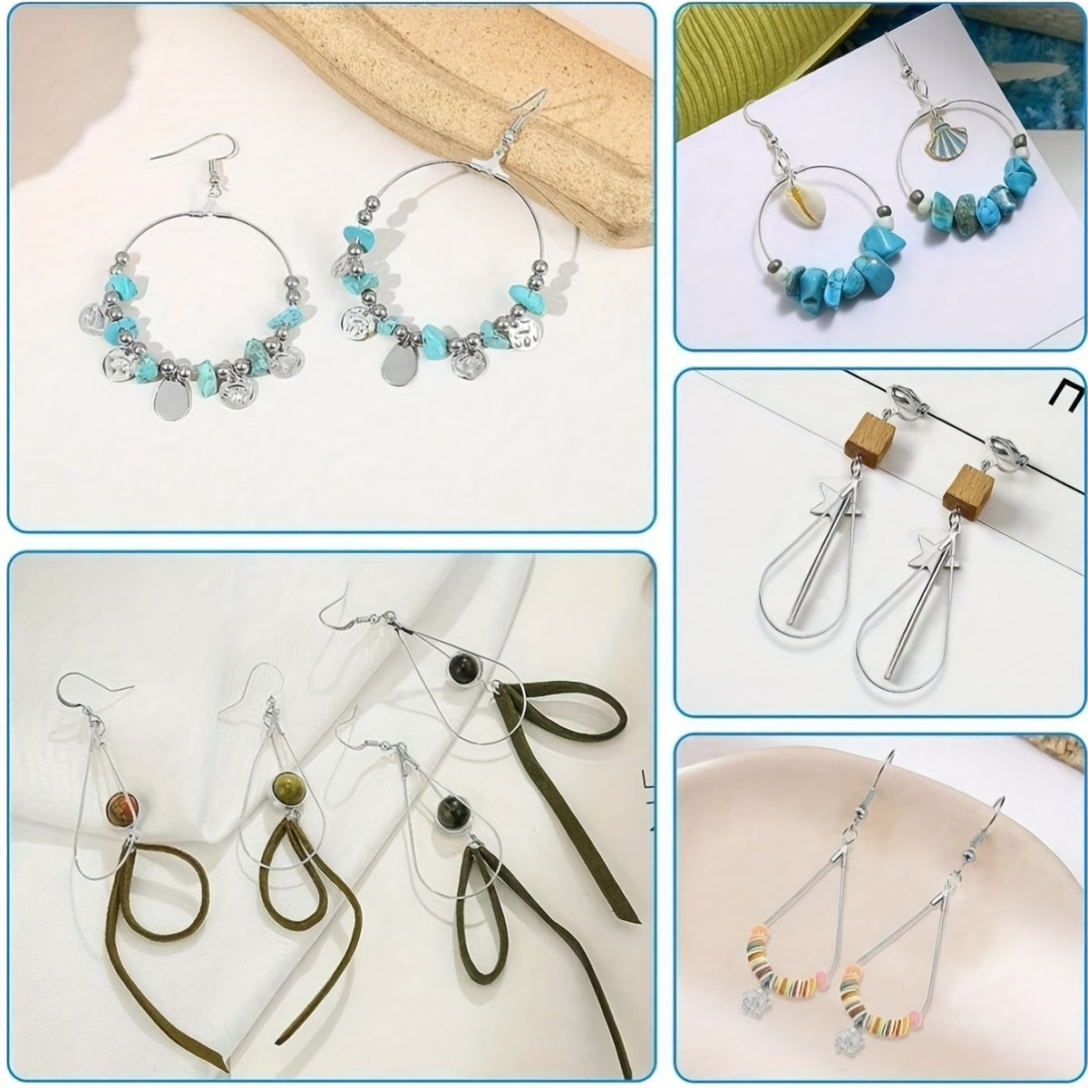 This bundle includes 380 earring making kits, featuring 80 bead hoop earring finding components, 100 hypoallergenic earring hooks, 100 jump rings, and 100 earring backs. It also comes with tear drop round earring bead hoop earring supplies, perfect for