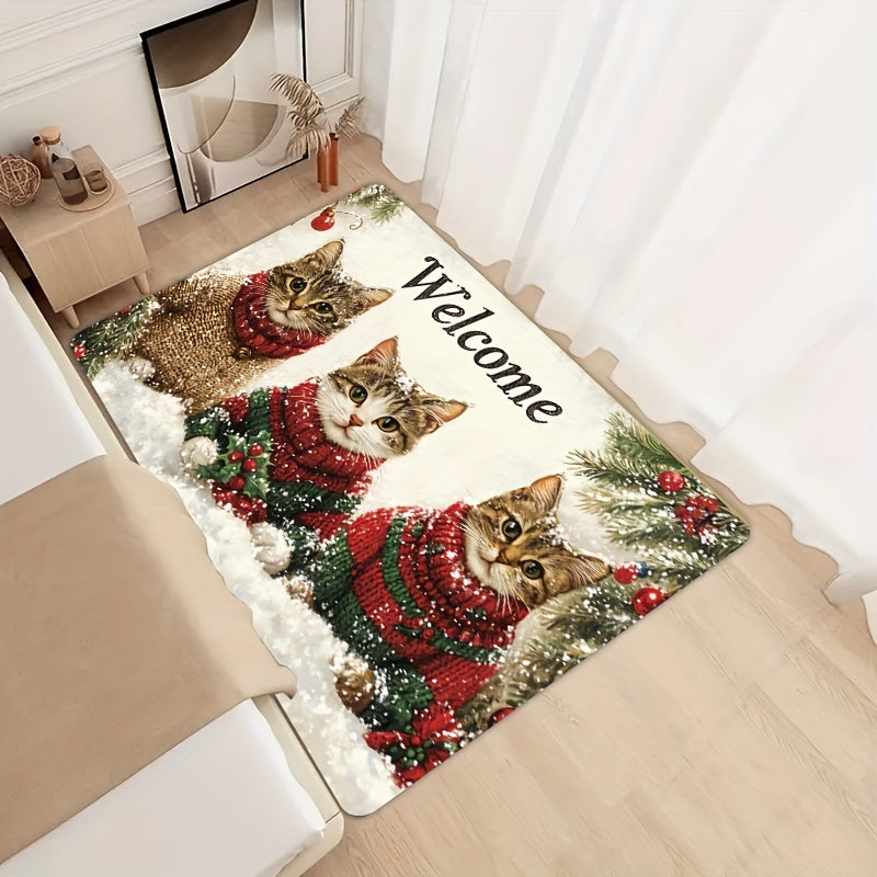 Welcome your guests with the festive 3 Cats Christmas Welcome Mat! This rectangular rug is 8mm thick and made of machine washable polyester with a PVC backing. Its durable construction allows it to be used indoors in doorways, kitchens, bathrooms, living