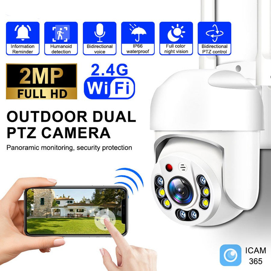 Experience ultimate security with the 1pc Oimlyo Outdoor Dual PTZ Security Camera. This camera boasts 1080p Full HD resolution with AI body detection, two-way audio, and night vision for clear monitoring in any lighting condition. Enjoy a 360° panoramic