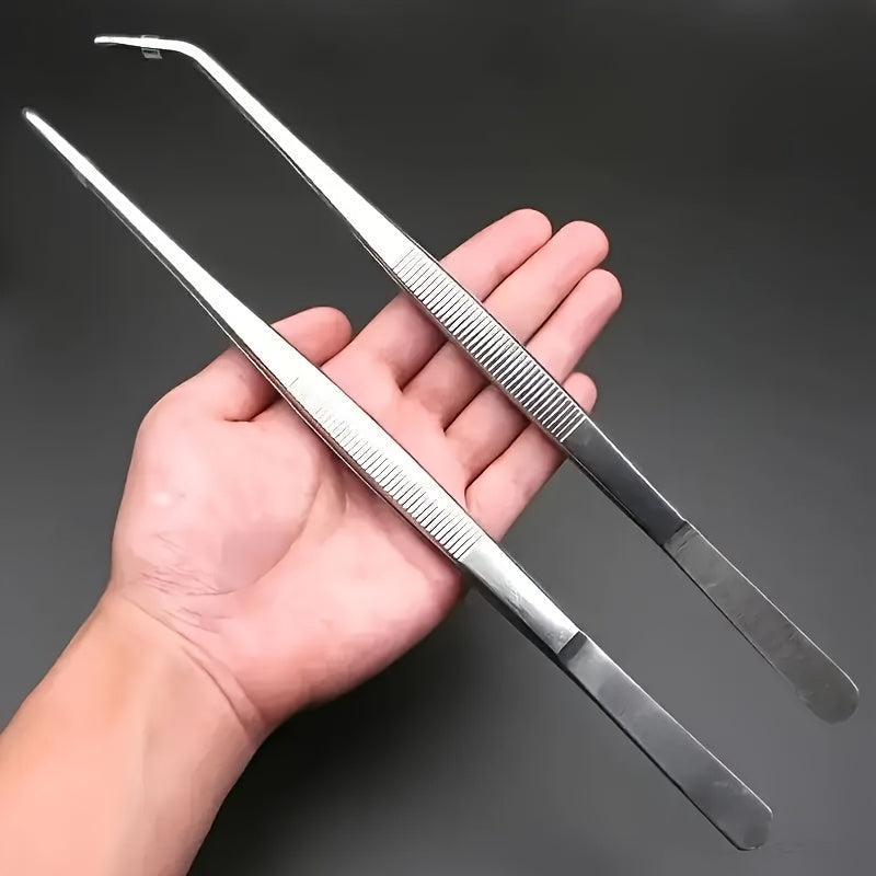 Set of 2 stainless steel tweezers for various uses, no electricity required.