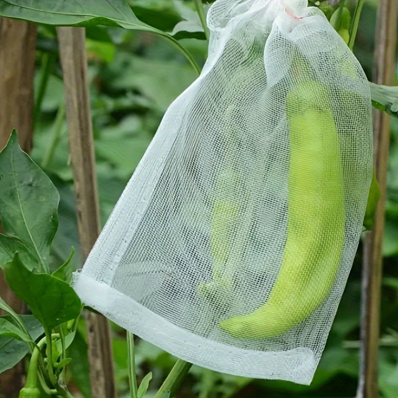 Insect-proof bags for fruits and vegetables available in packs of 20 or 50. These bags are designed to keep fruit flies and birds away from strawberries, figs, grapes, and other fruits. Each bag comes with a drawstring closure and is made from