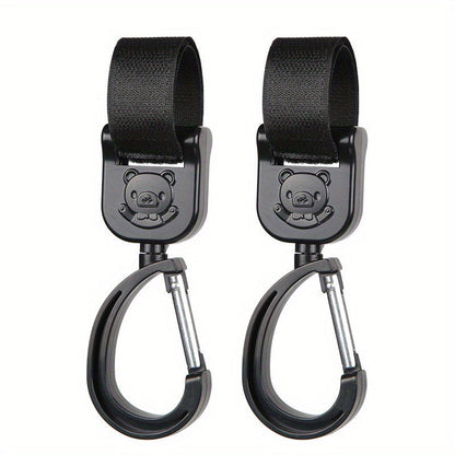 '- Two adjustable Stroller Hooks with 360 Degree Rotation, Hook-and-loop Closure, and Detachable Feature, made from sturdy Plastic