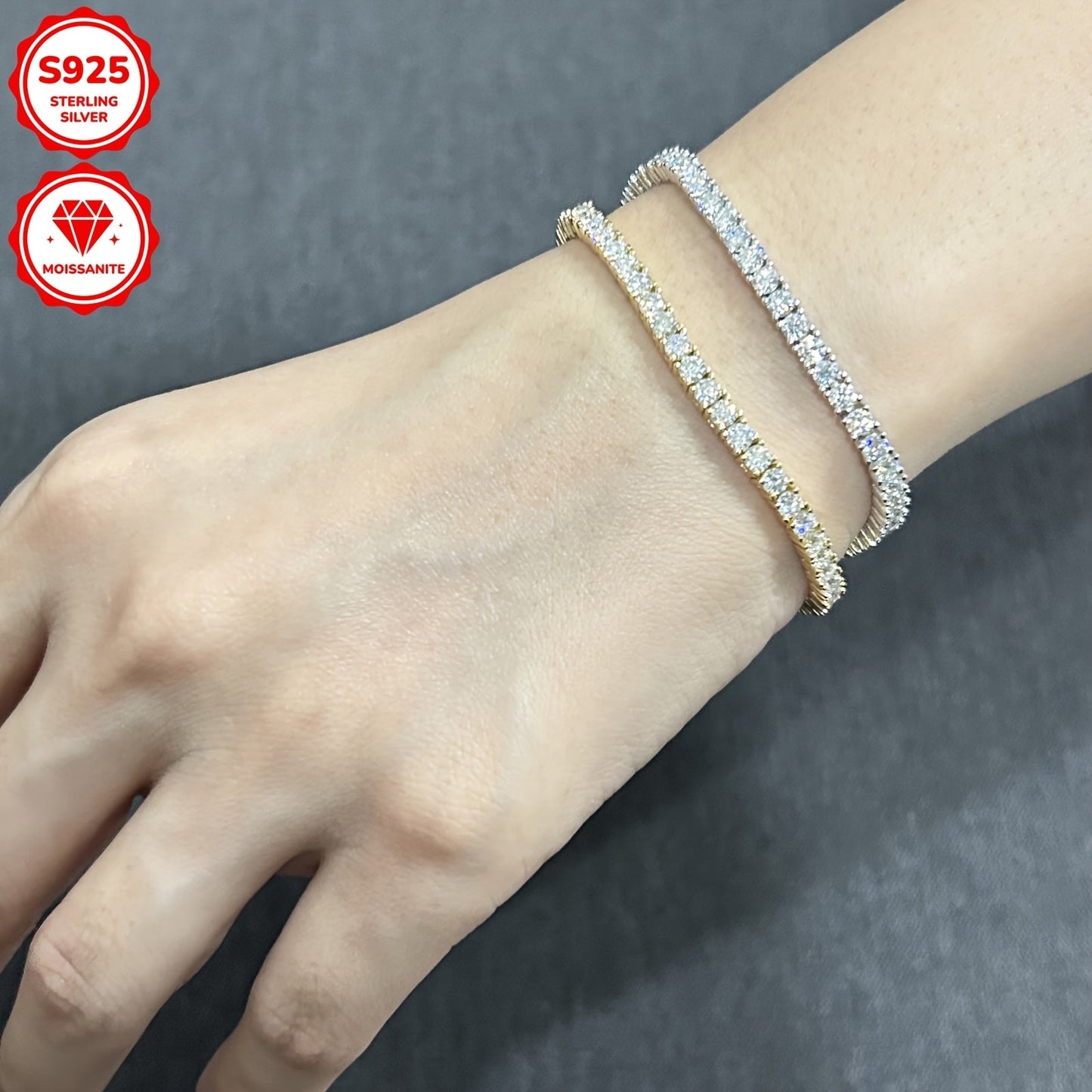 Beautiful 925 Sterling Silver Moissanite Tennis Bracelet with Gold Plating, Featuring 3mm Synthetic Stones totaling 5.4ct. Perfect for April Birthdays, Available in 17cm or 18cm. Ideal for Weddings, Vacations, and as a Thoughtful Christmas Present.