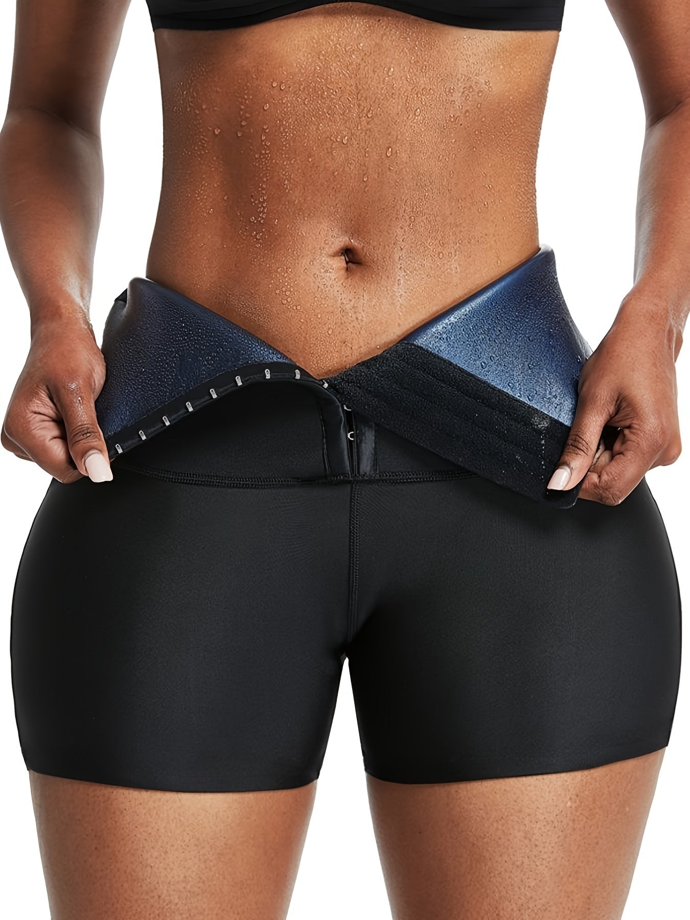 High-waisted shaping sweat shorts for women with tummy control, ideal for workouts and fitness training.