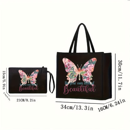 Set includes 2 floral and butterfly print tote bags with matching wallet, made of durable canvas material. Features magnetic snap closure and foldable design for shopping and travel, with