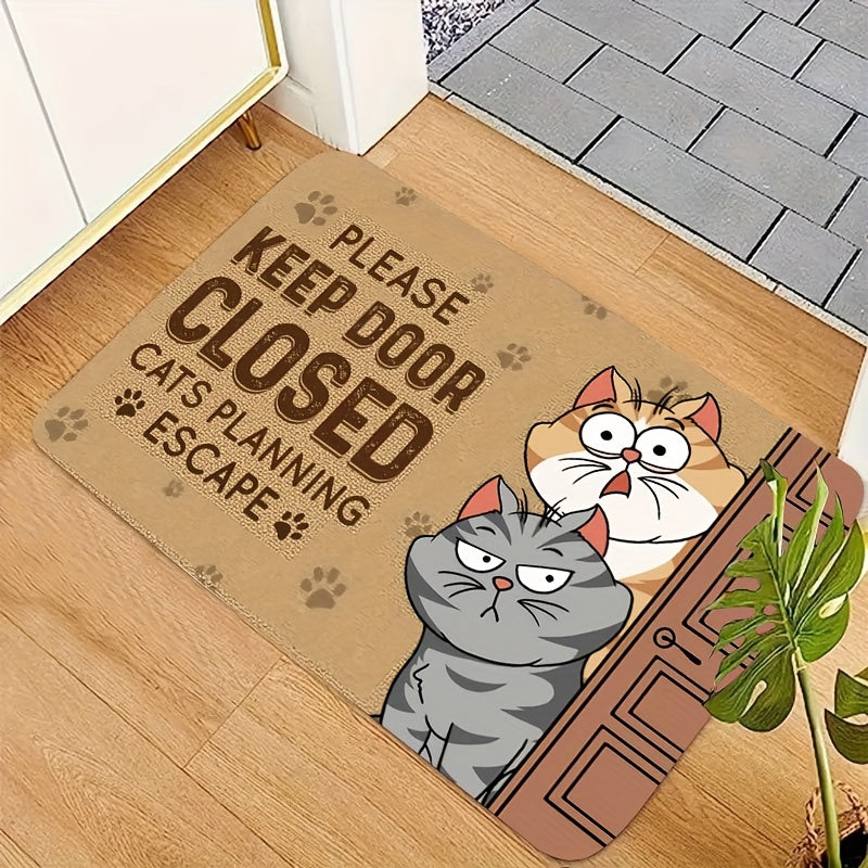 Whimsical Cat Welcome Indoor Doormat - Anti-Slip, Stain-Resistant Polyester Mat featuring "Please Keep Door Closed" Humor. Low Pile, Easy to Clean with Machine Washable for Home Decor