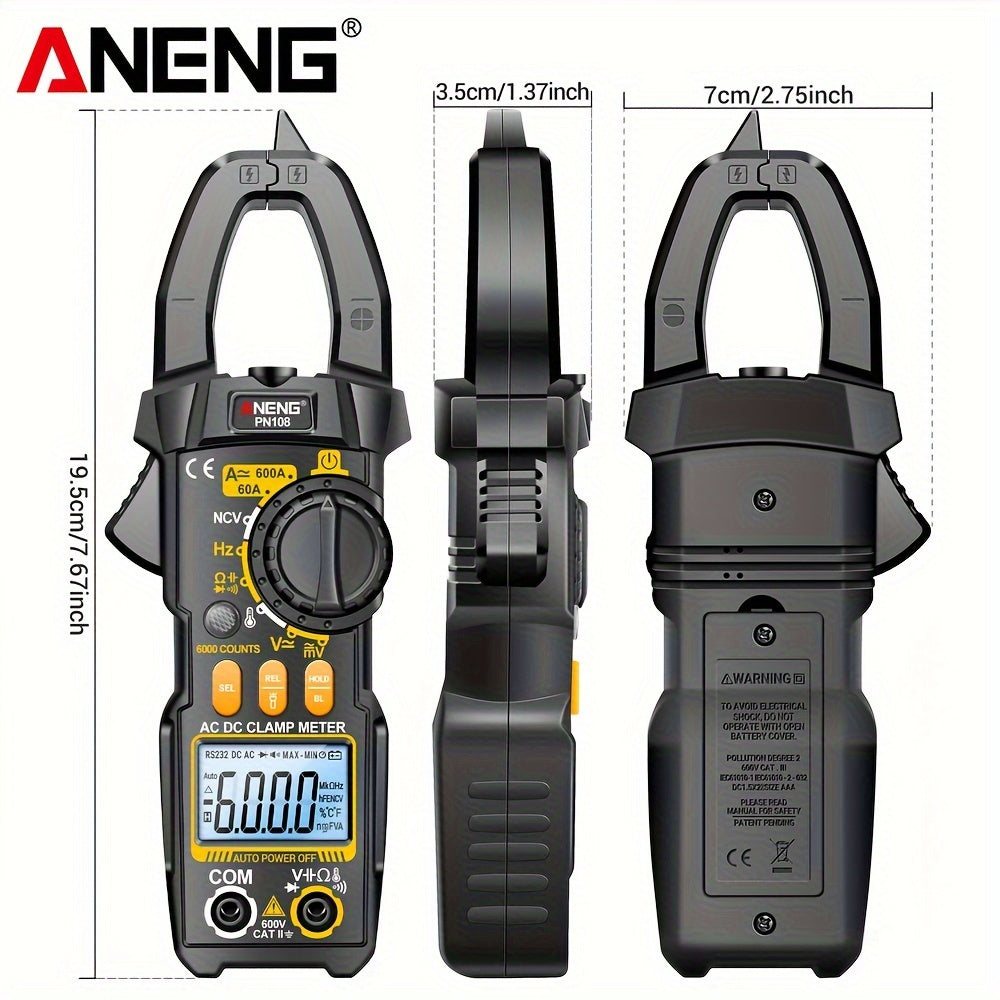 ANENG PN108 Clamp Meter with 6000 counts for measuring AC/DC voltage, 600A current, resistance, capacitance, and high precision testing.