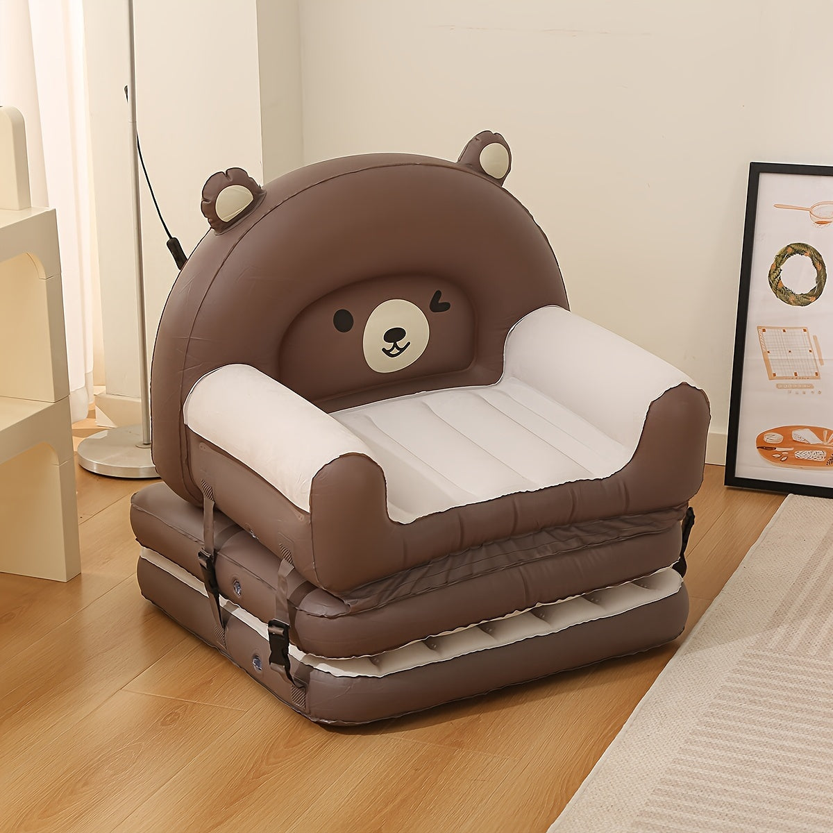 Teddy Bear Inflatable Folding Sofa Chair - Portable, Waterproof, and Stackable. Ideal for Indoor, Outdoor, Backyard, and Picnics. Hand wash recommended.