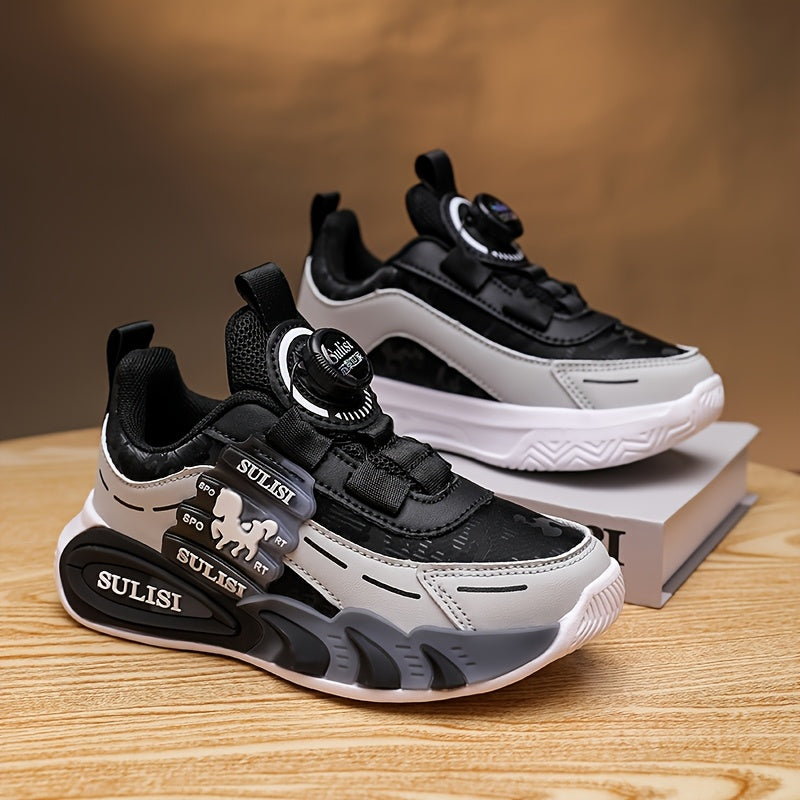 Kids' color block sneakers with rotating buckle, non-slip and durable for outdoor activities.