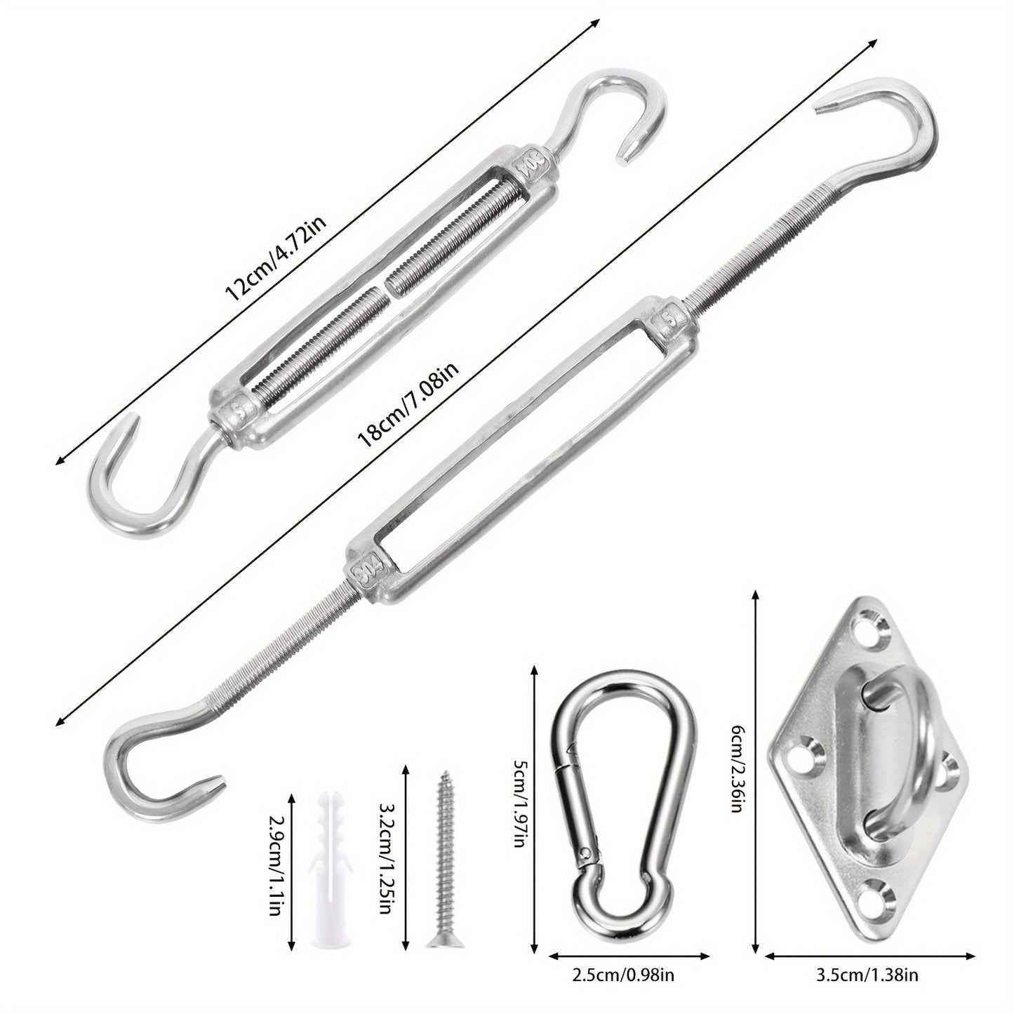 Heavy duty stainless steel hardware kit for attaching sun shade sails to gardens in various shapes and sizes.