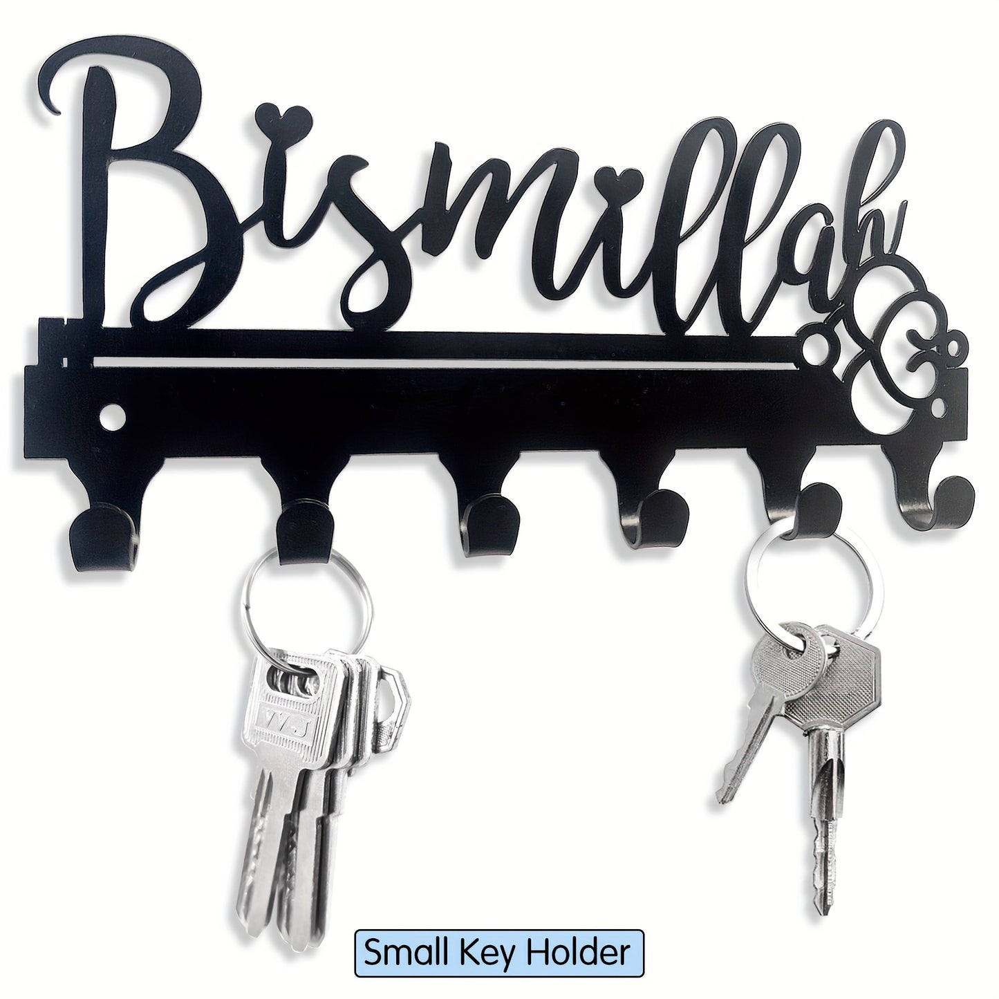 1-pc Bismillah Metal Key Holder: Black decorative wall-mounted key organizer for entryway and kitchen. Wall decor with key hooks, ideal for home and kitchen storage. Wall-mounted version