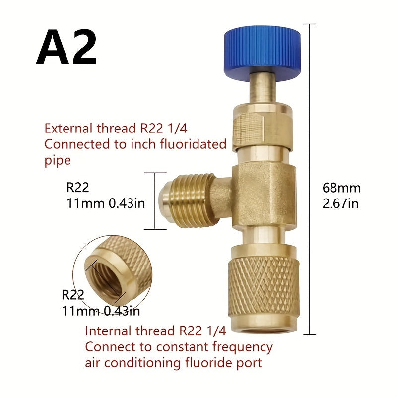 Refrigeration charging adapter for R410A and R22 air conditioning systems, compatible with 1/4" liquid safety valve hose and R22 copper adapter. Essential hand tool parts for maintenance, including refrigerant vacuum switch and R22 detection tool.