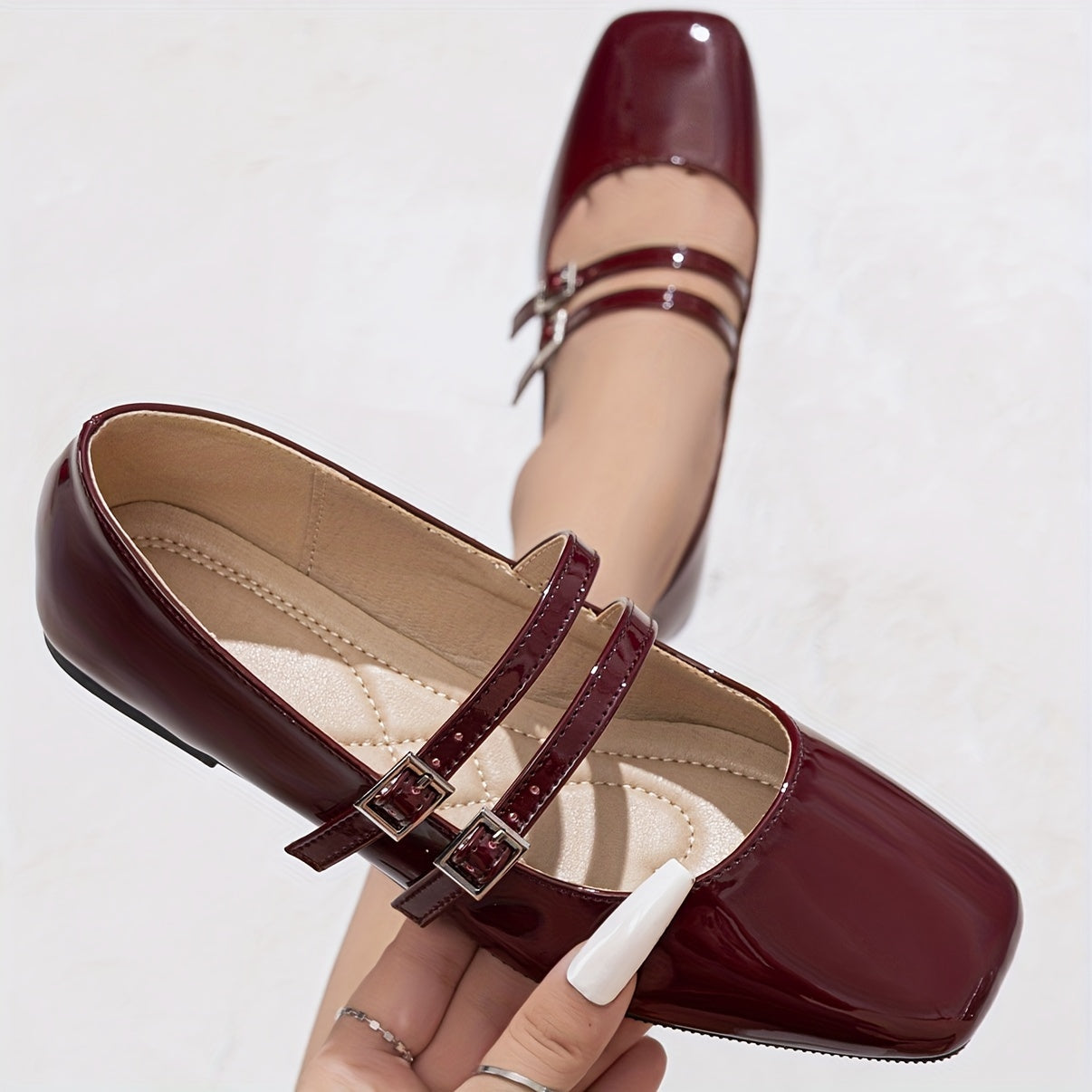 Vintage-inspired Mary-Jane flats with square toe, buckle strap, and TPR sole for year-round comfort.