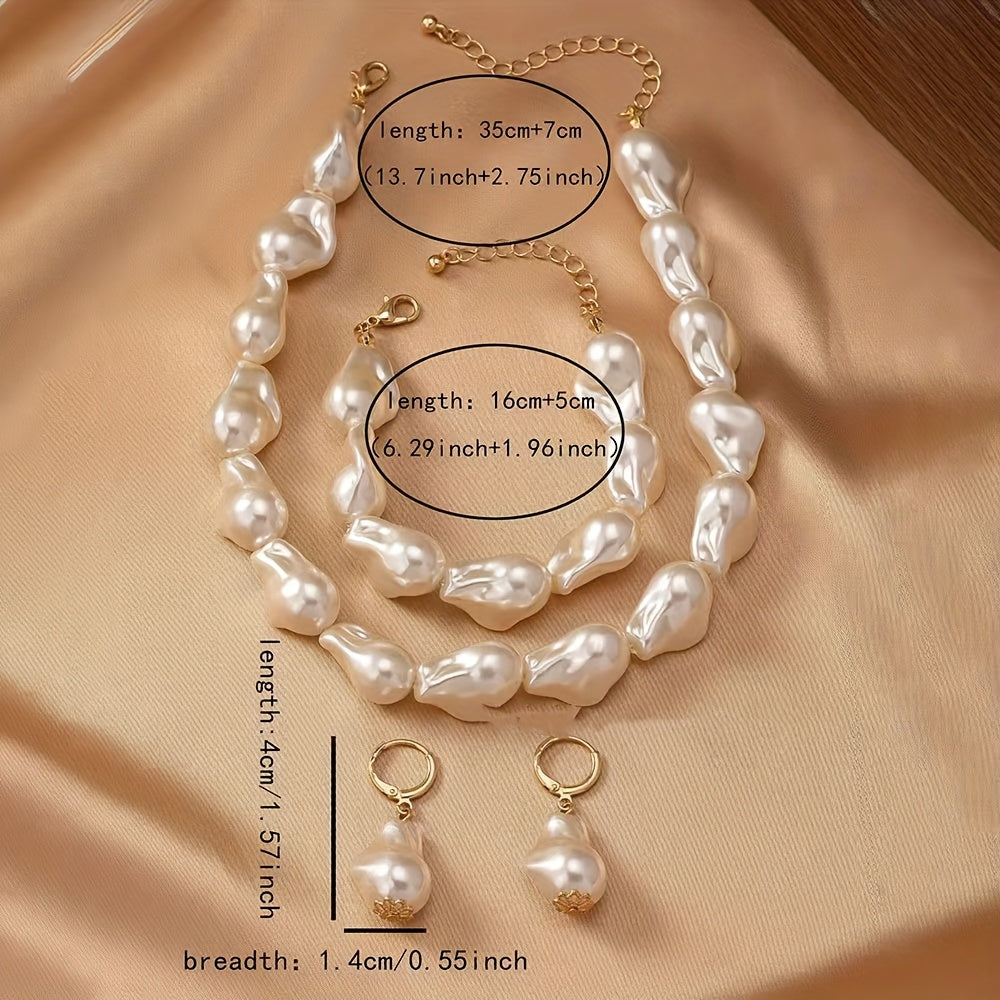 This women's jewelry set features elegant imitation pearls with a simple, un-plated design. The set includes a baroque pearl necklace, bracelet, and earrings, making it versatile for everyday wear. The unique geometric shape design adds a touch of