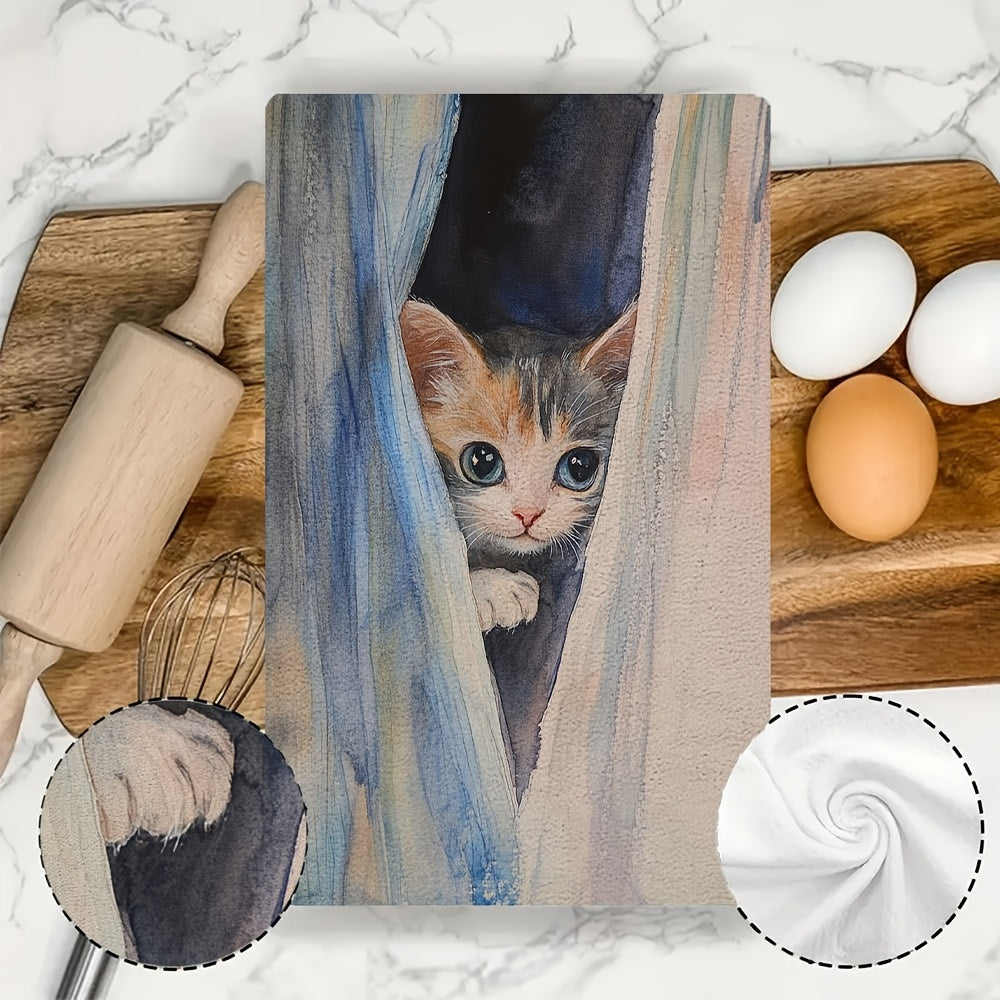 Ultra Soft Kitchen Towels with Peekaboo Kitten Design - Set of 2. These charming towels are highly absorbent and machine washable, perfect for everyday use in your kitchen. The contemporary watercolor art adds a stylish touch to your holiday decor. Each