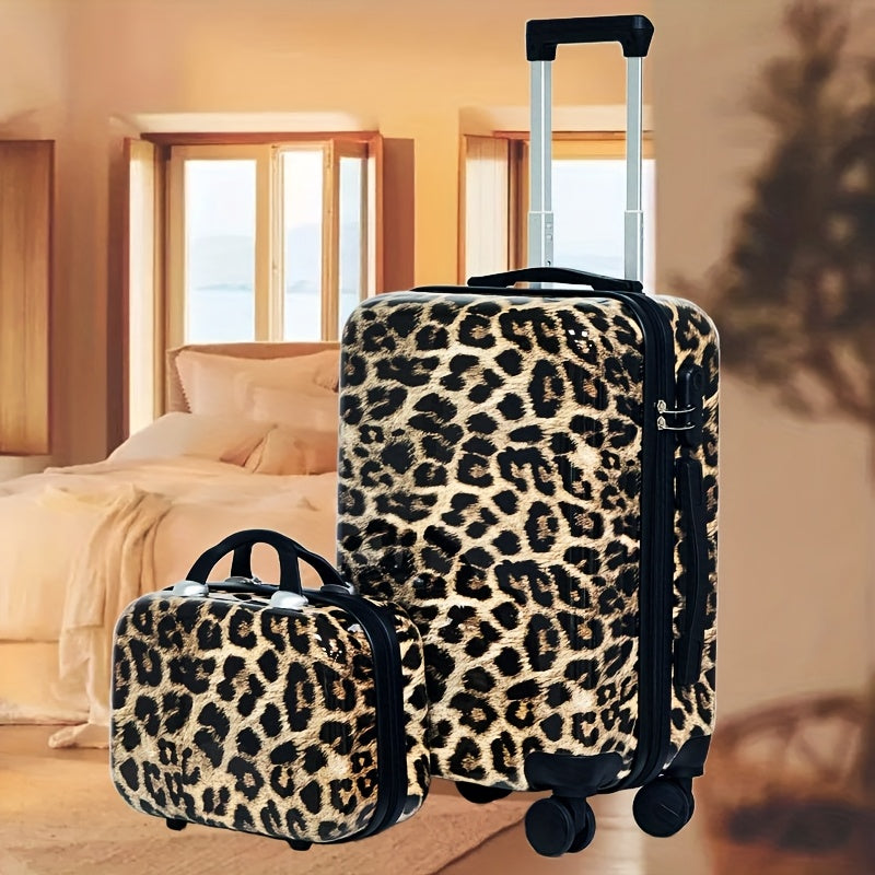 2-piece chic leopard print luggage set: 50.8cm hard-shell carry-on & 35.56cm cosmetic case. Made of durable ABS+PC material with TSA-approved combination lock and spinner wheels. Stylish